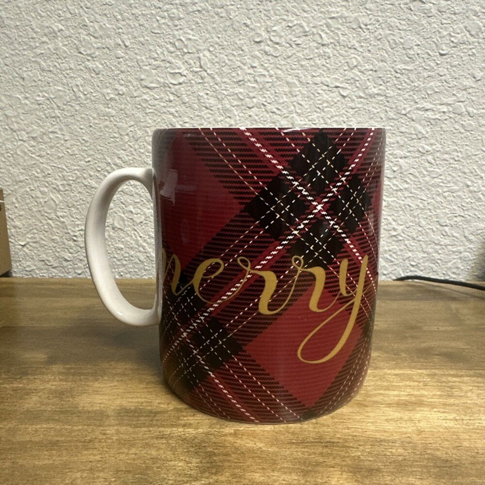 Pier One Christmas Coffee Mug Red Tartan Plaid NWT Porcelain Christmas Holiday